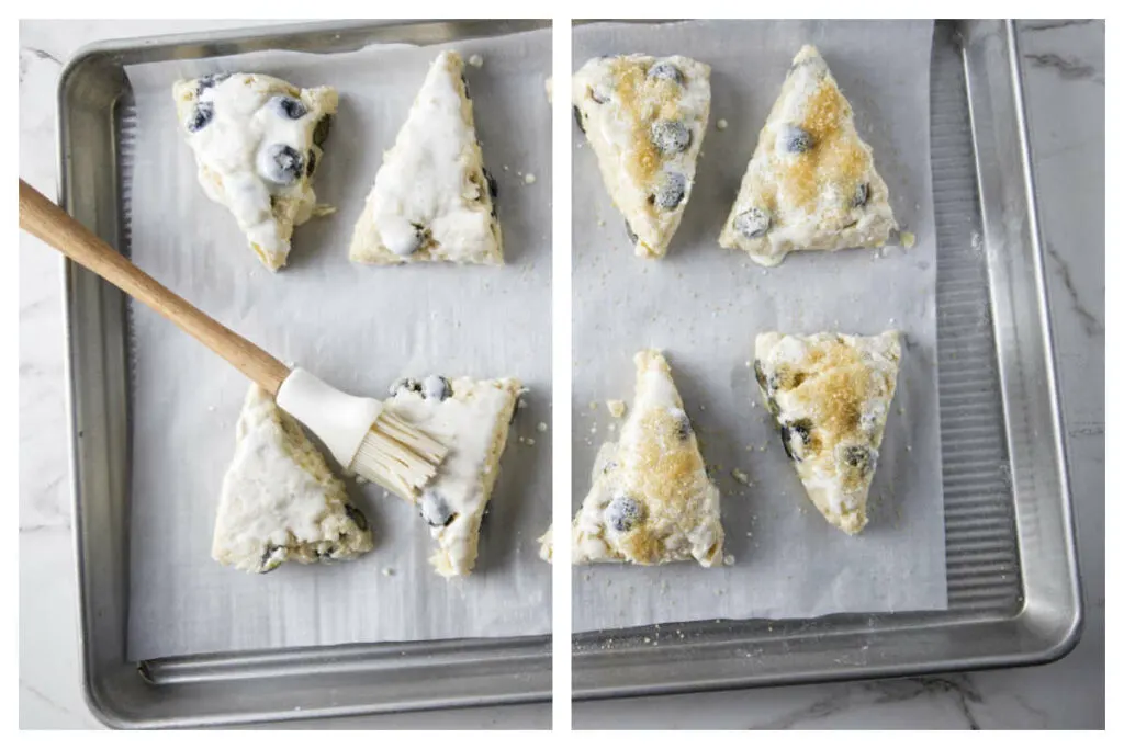 Brushing the tops of scones then sprinkling sugar on top.