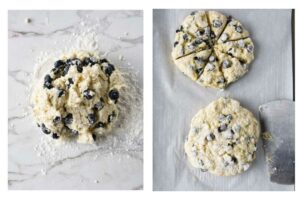 Forming the scone dough into disks then cutting them into triangular shapes.