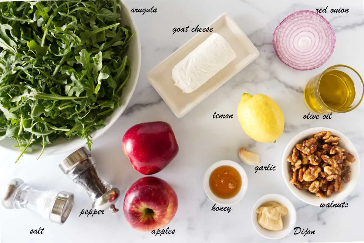 Ingredients to make the arugula apple salad recipe.