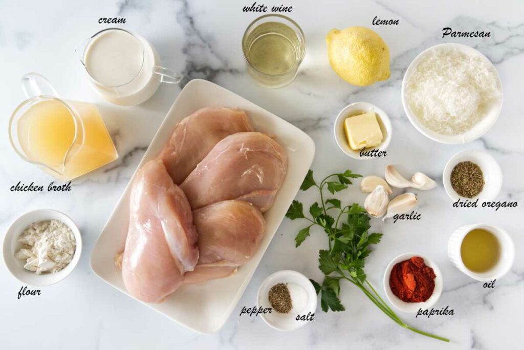 Ingredients needed for creamy paprika chicken.