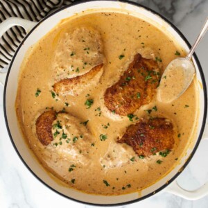 A pan of creamy paprika sauce and four chicken breasts. A spoon with sauce.