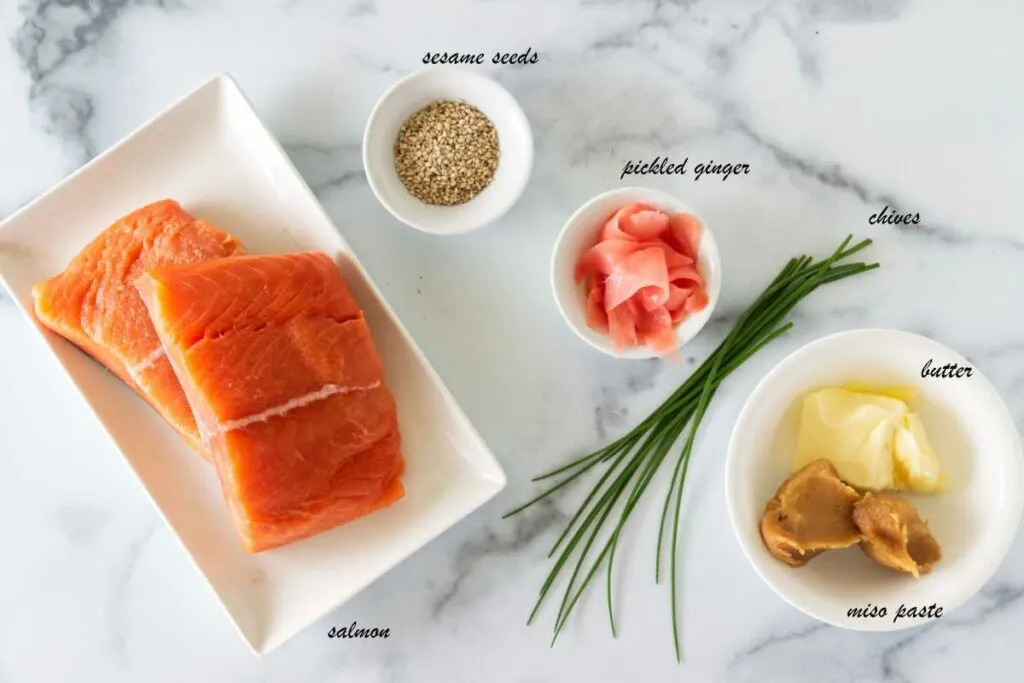 Ingredients for miso butter salmon.