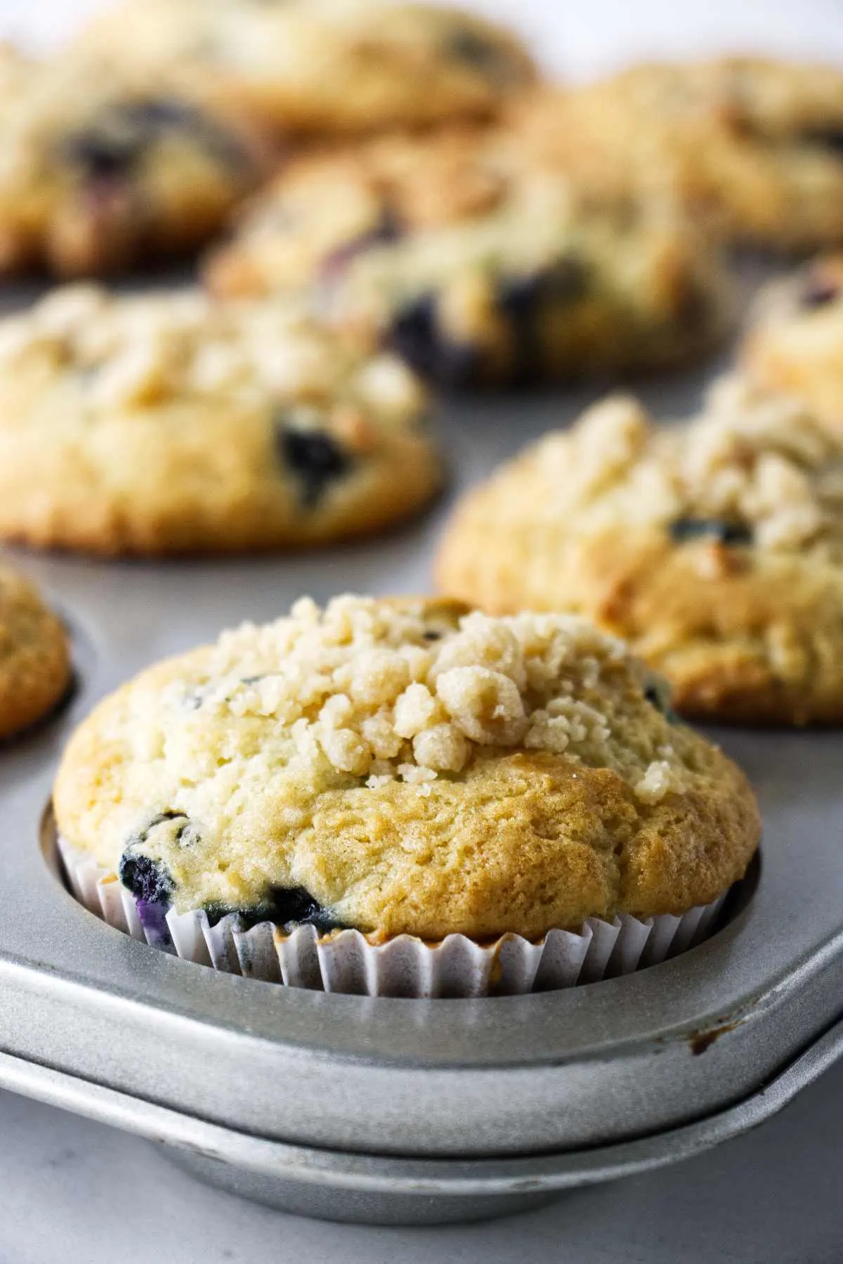 Freshly baked blueberry sourdough muffins in a muffin tin.