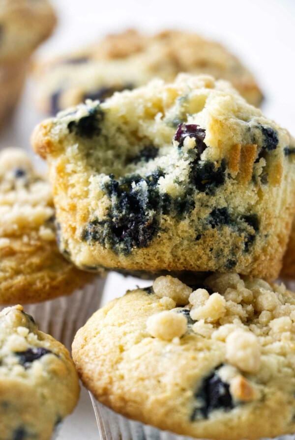 A stack of sourdough blueberry muffins.