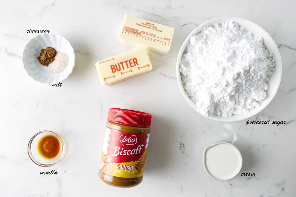 Ingredients for biscoff buttercream: biscoff cookie butter, vanilla, salt, cinnamon, butter, powdered sugar, and cream.