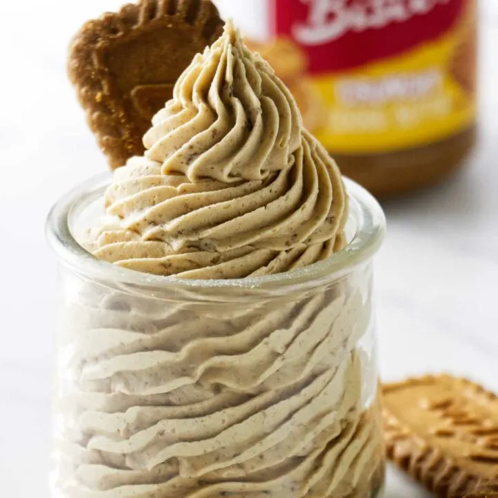 A jar piped with a swirl of biscoff buttercream.