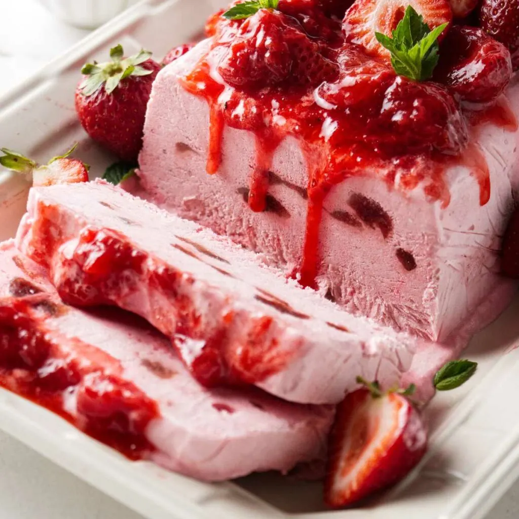Strawberry semifreddo shaped in a rectangle and topped with strawberry sauce.