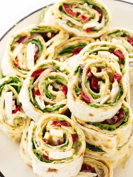 Mediterranean pinwheel wraps for easy party appetizers.