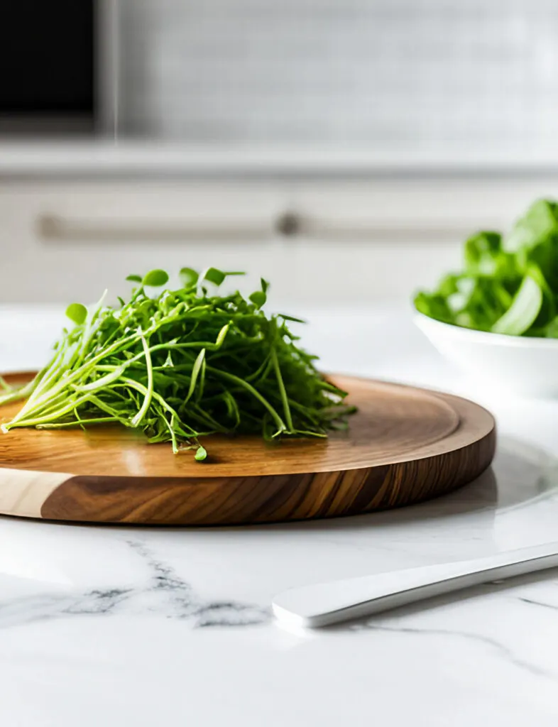 Freshly picked pea shoots on a cutting board.
