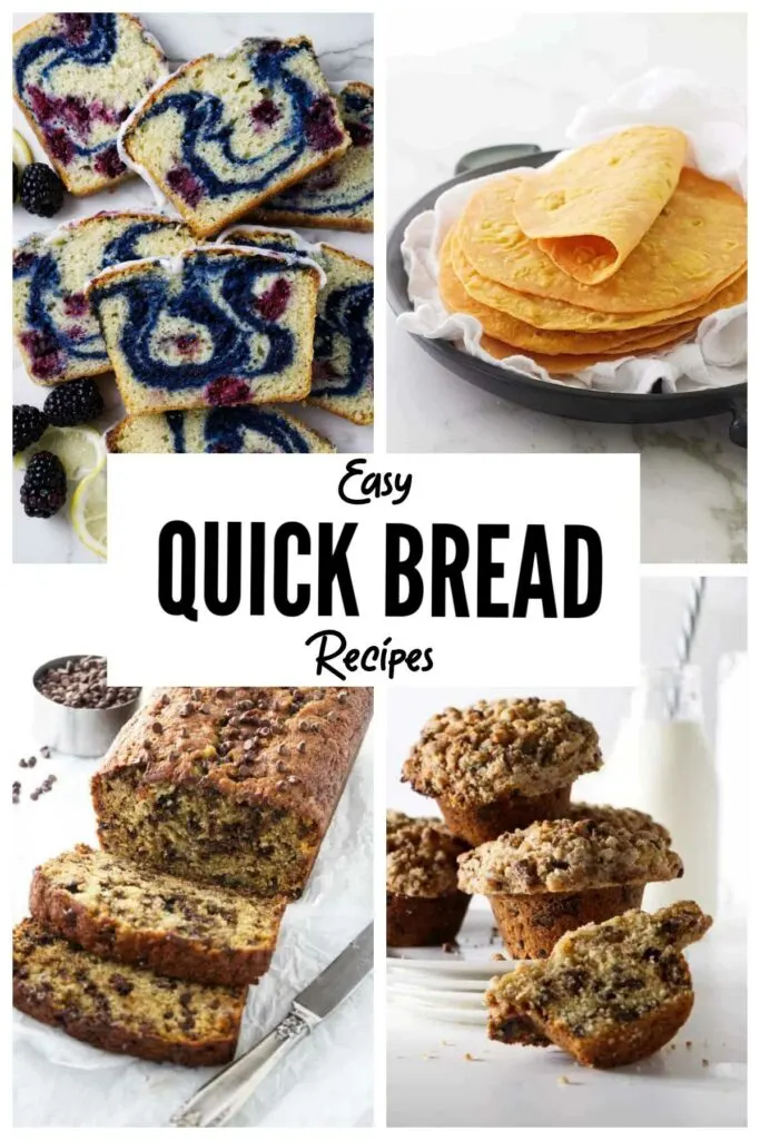 A collage of four quick bread photos. Lemon blackberry bread, chocolate chip banana bread, sweet potato flat bread, and chocolate chip muffins.