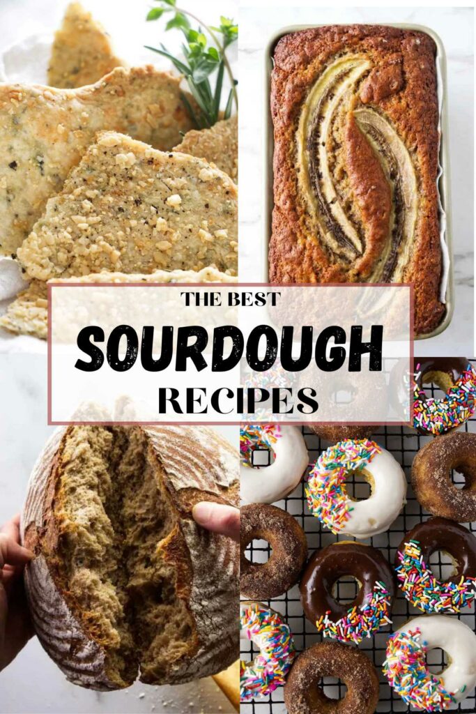 A collage of four sourdough recipes: sourdough crackers, sourdough spelt bread, sourdough banana bread, and sourdough donuts.