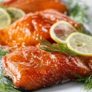 Three smoked salmon fillets on a plate with lemon slices.
