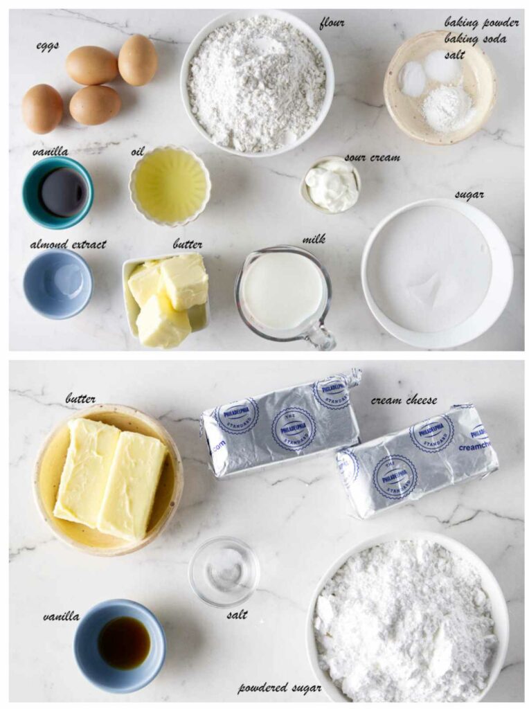 Two photos showing the ingredients for a vanilla cake on top and the ingredients for cream cheese frosting on the bottom.