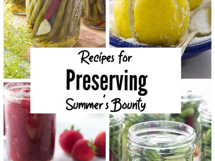 A collage of four photos of pickling and preserving recipes.
