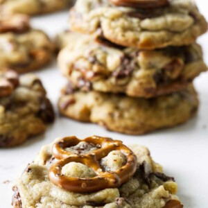 A chocolate chip cookie loaded with pretzels and caramel.