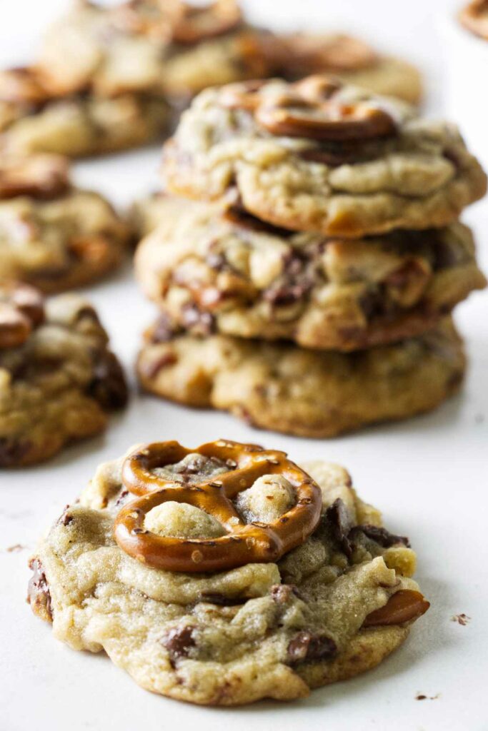 A chocolate chip cookie loaded with pretzels and caramel.