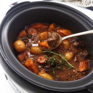 A slow cooker of cooked elk stew and a large serving spoon.