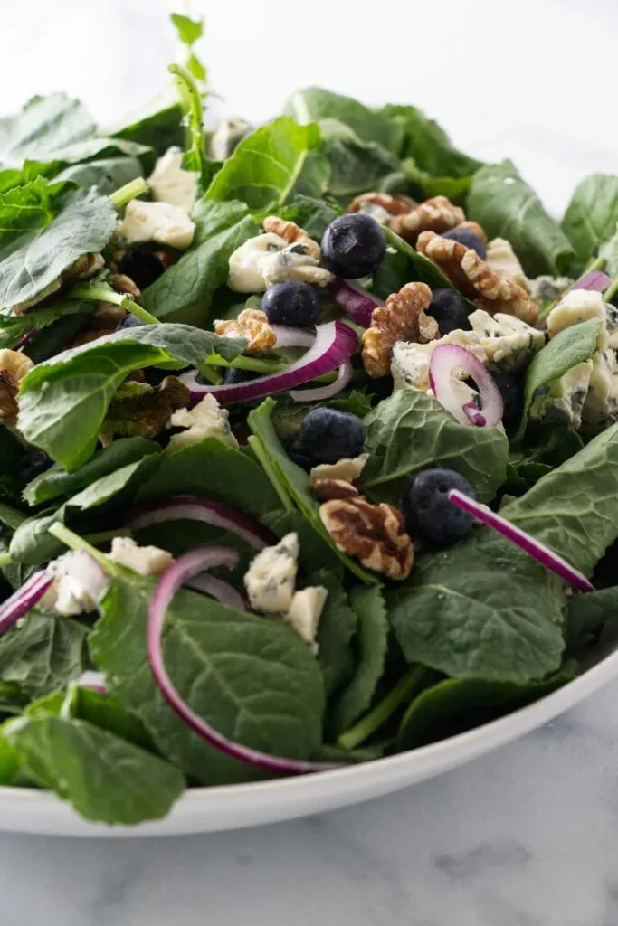 A large bowl of salad greens with blueberries, red onion slices roasted walnuts and blue cheese.