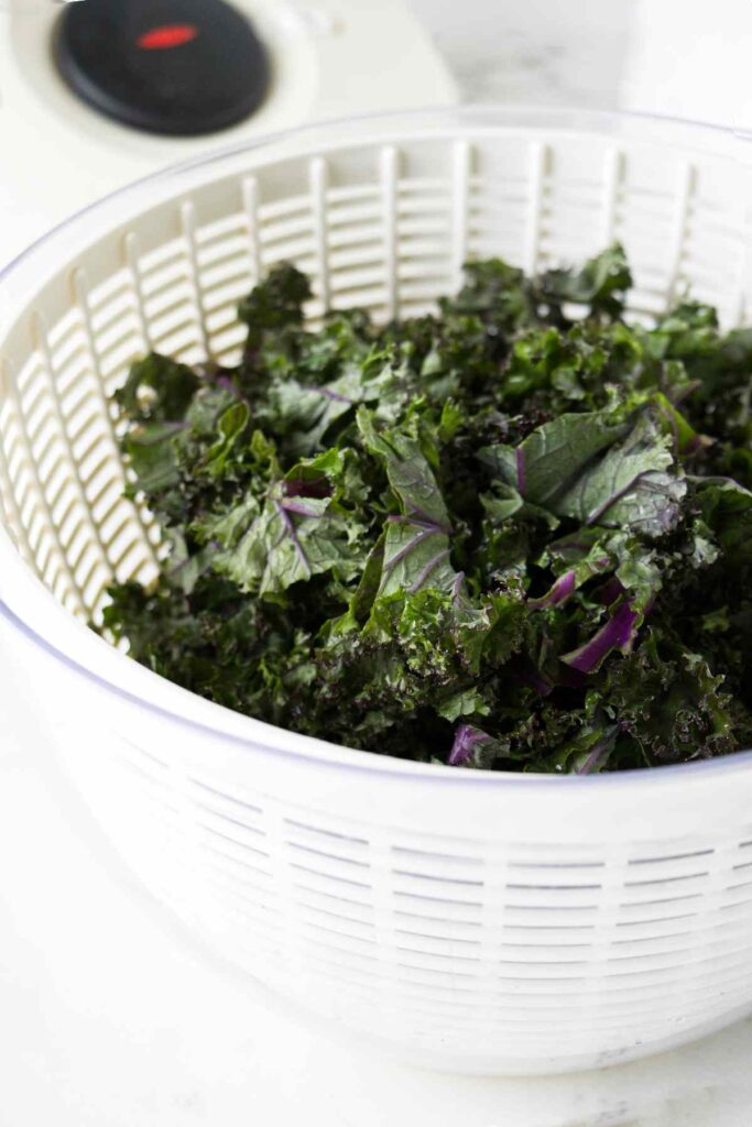Drying kale leaves in a salad spinner.