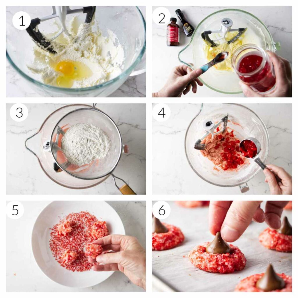Six photos showing how to make cherry blossom kiss cookies.