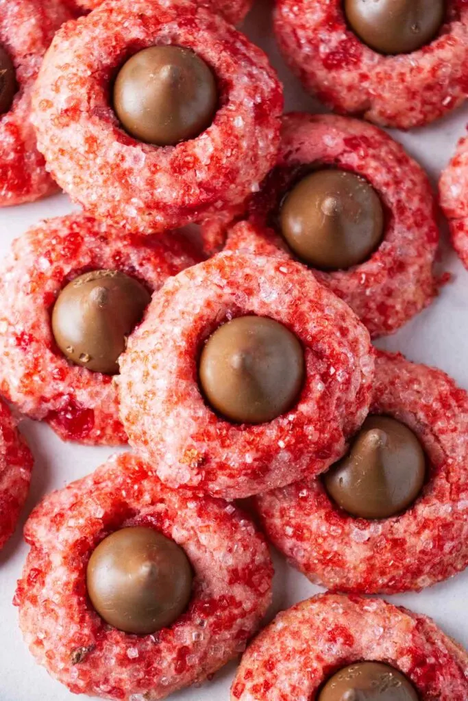 Cherry blossom cookies with Hershey's kisses in the center.