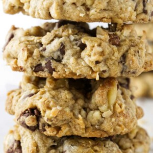 A stack of four cowboy cookies.