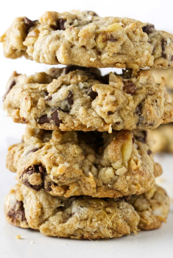 A stack of four cowboy cookies.