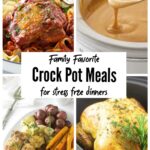 A collage of four crock pot dinners: chicken paprika, whole chicken, cheese dip, and chicken and veggies.