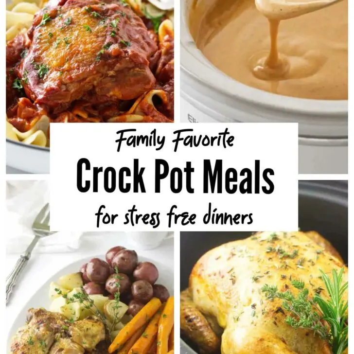 A collage of four crock pot dinners: chicken paprika, whole chicken, cheese dip, and chicken and veggies.