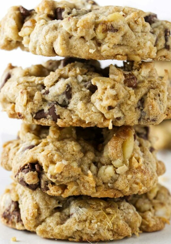 A stack of four cowboy cookies.