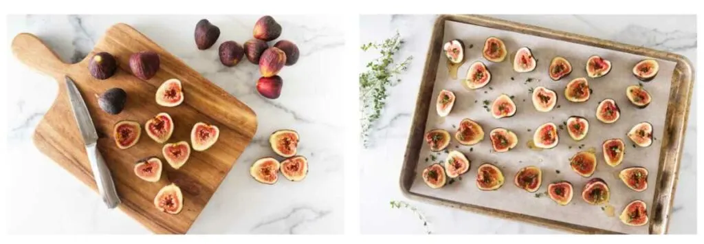 A cutting board with whole figs, half figs and a paring knife. Cut figs on a baking sheet sprinkled with thyme leaves. Thyme sprigs in the upper left corner.