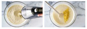 Mixing the goat cheese custard and folding lemon zest into the custard.