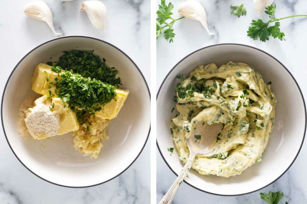 A dish with butter, herbs, garlic and garlic powder. A dish with a spoon and blended butter.