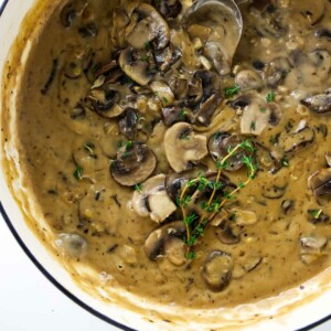 Mushroom marsala sauce in a saucepan.