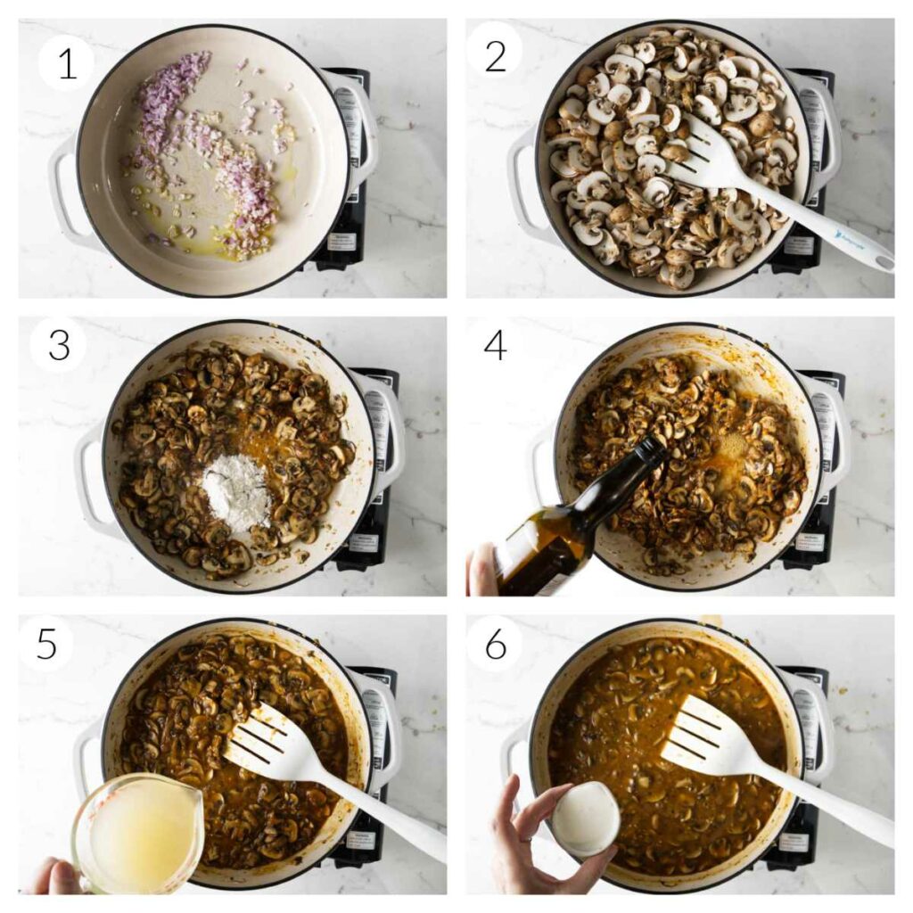 A collage of six photos showing the steps for making marsala sauce.