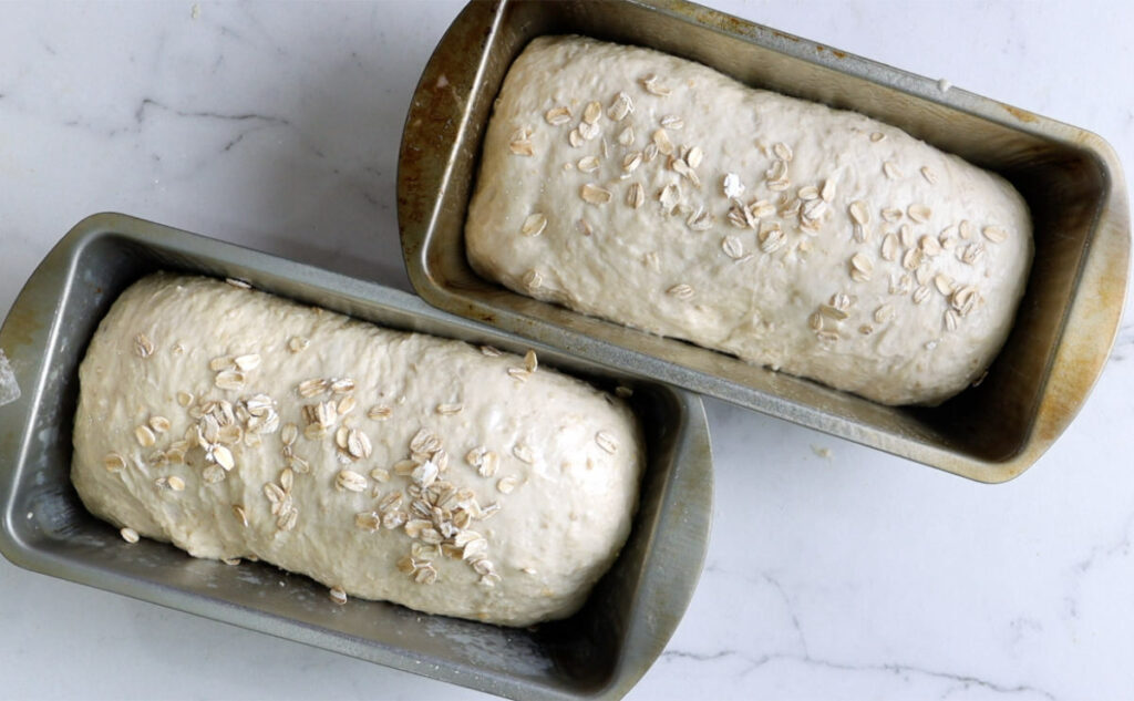 Two loaves of bread ready for the oven.
