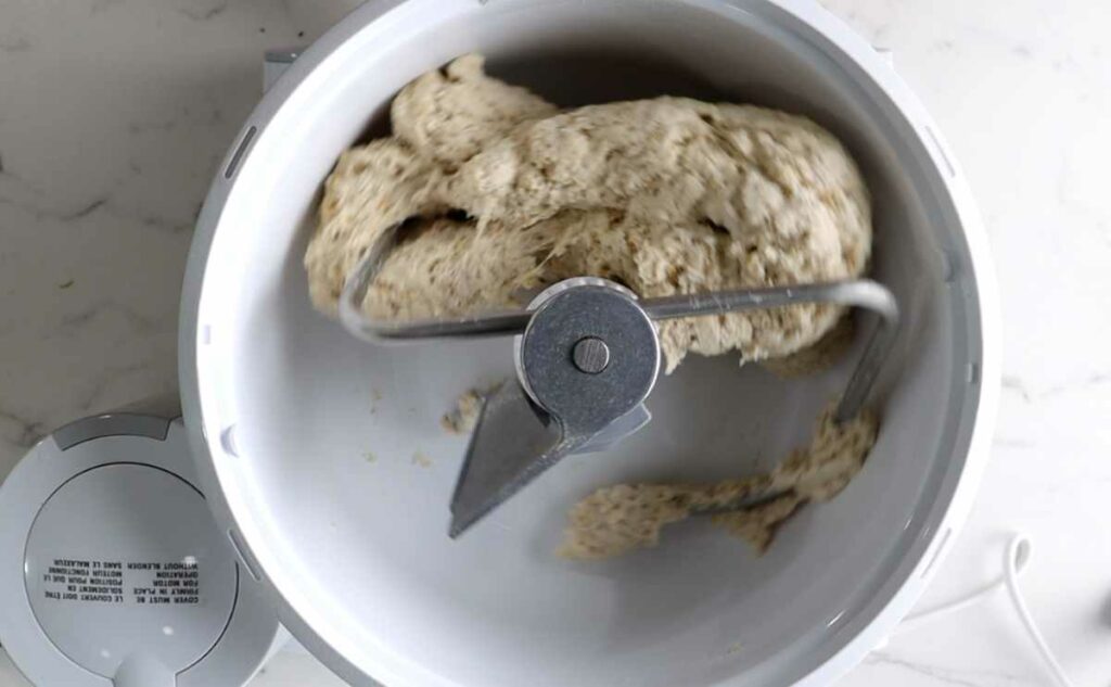 Kneading bread dough in a stand mixer.