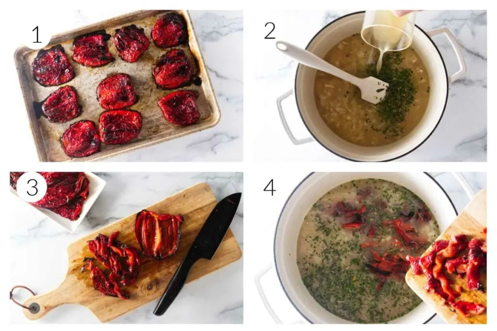 A collage of four photos showing the process steps for making roasted red pepper soup.