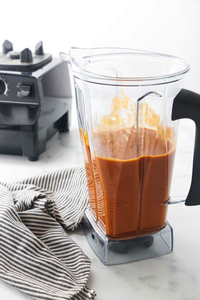 A blender with pureed soup.