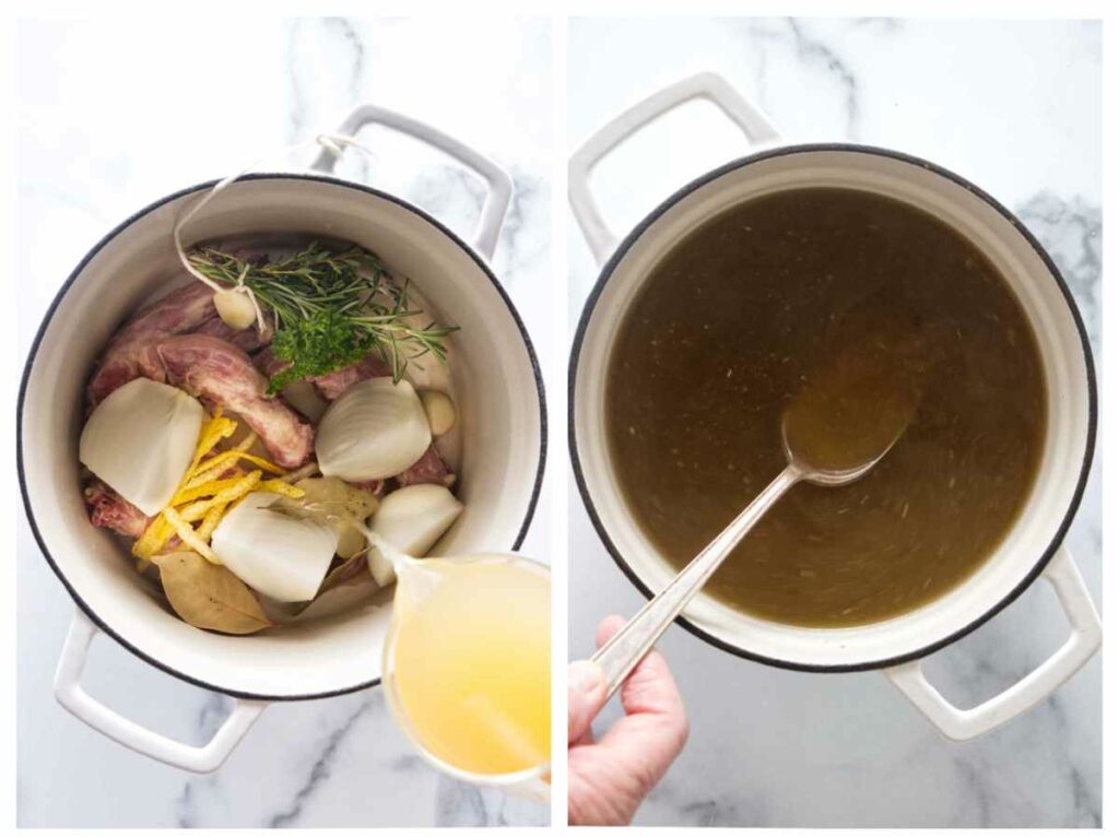 A turkey neck, vegetables and herbs in a pot with chicken broth being added. The finished broth in a pot with a serving spoon.