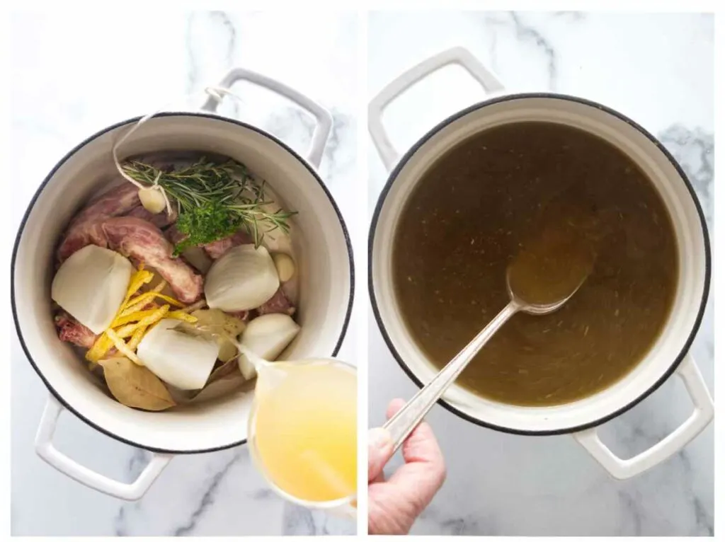 A turkey neck, vegetables and herbs in a pot with chicken broth being added. The finished broth in a pot with a serving spoon.