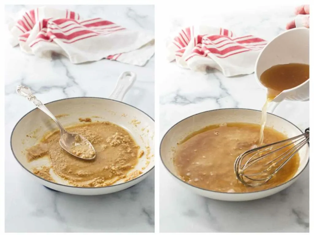 A skillet with the cooked roux and a tablespoon. A pitcher pouring broth into the cooked roux.