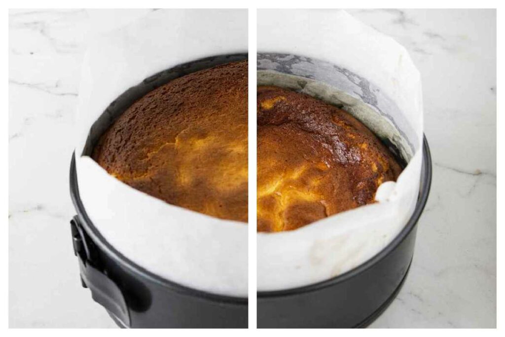 A split photo showing a freshly baked Turkish yogurt cake while puffed up then deflated when it cools.