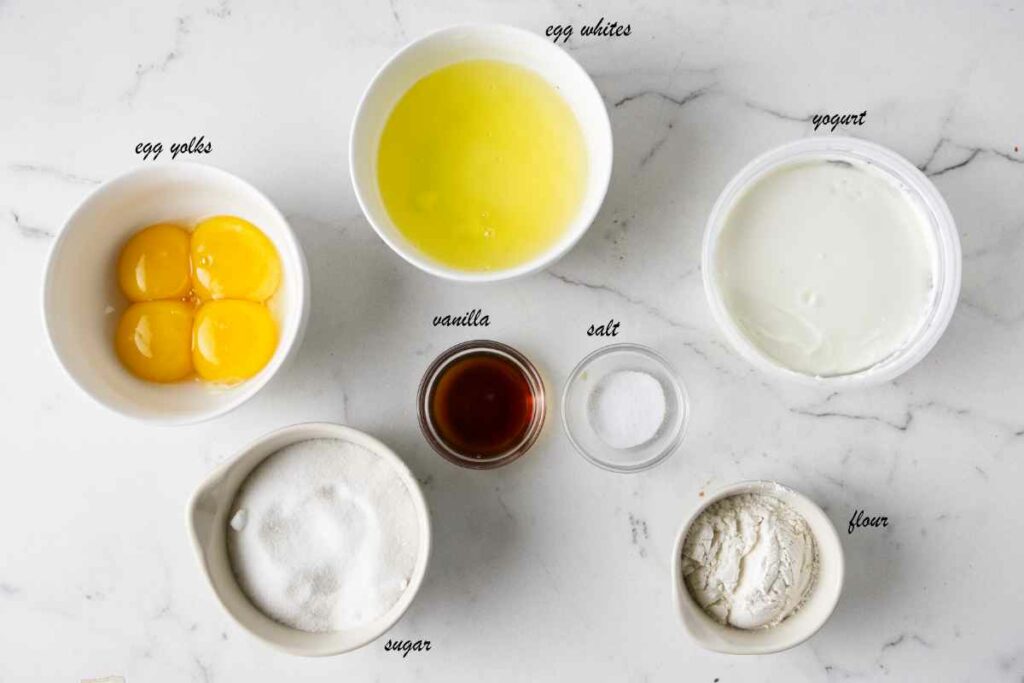 Egg yolks, egg whites, yogurt, flour, sugar, salt, vanilla.