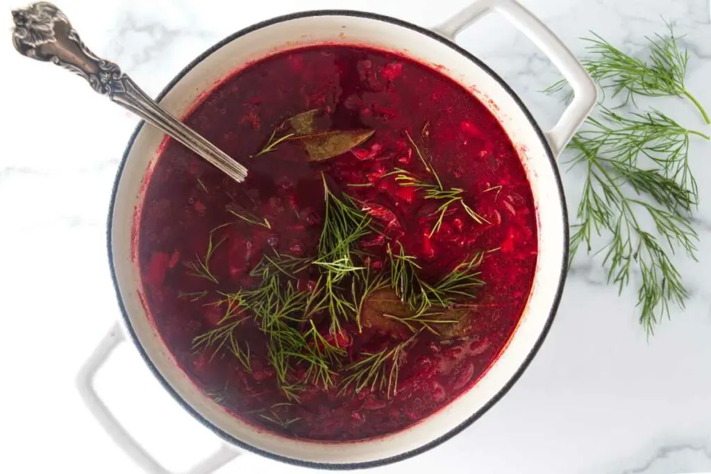 Soup pot with beet soup adding fresh dill sprigs.