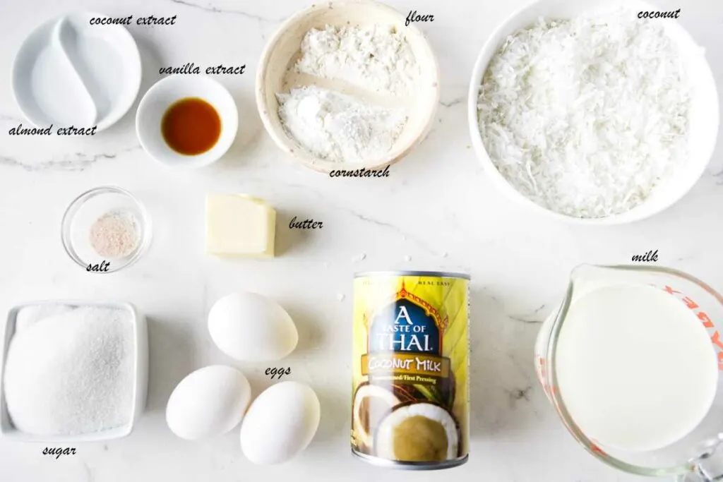 Ingredients for making a homemade coconut cream pie from scratch.