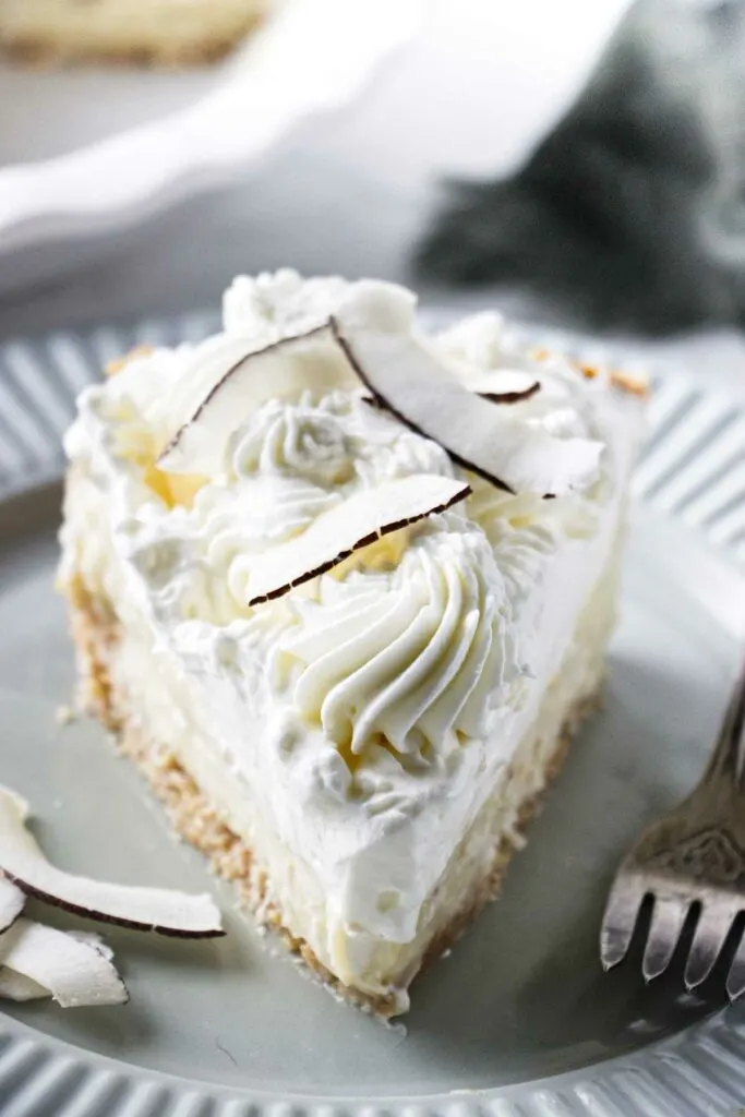 A slice of coconut cream pie made with toasted coconut.