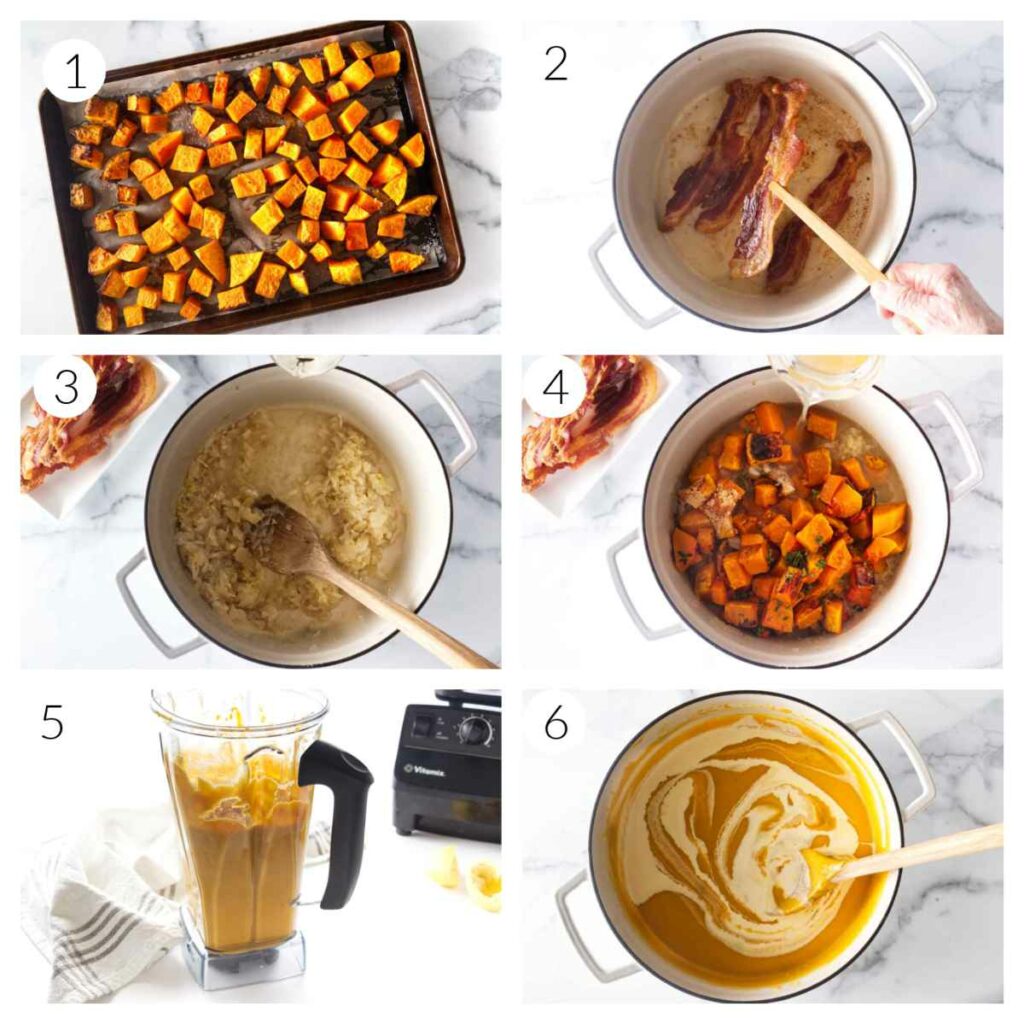 Processing photos: roasted butternut on sheet pan, bacon in a douch oven lifting out a piece with tongs, sauteing vegetables, squash cubes and veggies in soup pot and pouring in broth, pureed soup in a blender, stirring cream into soup with a wooden spoon.
