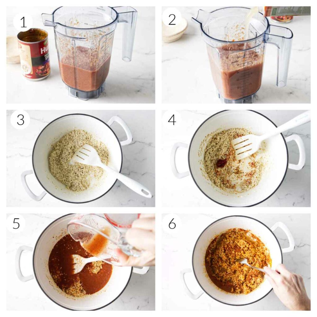 A collage of six photos showing the process for making red Mexican rice with canned tomatoes.
