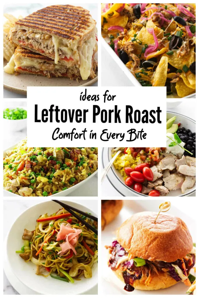 A collage of six photos showing different recipes to make with leftover pork roast.